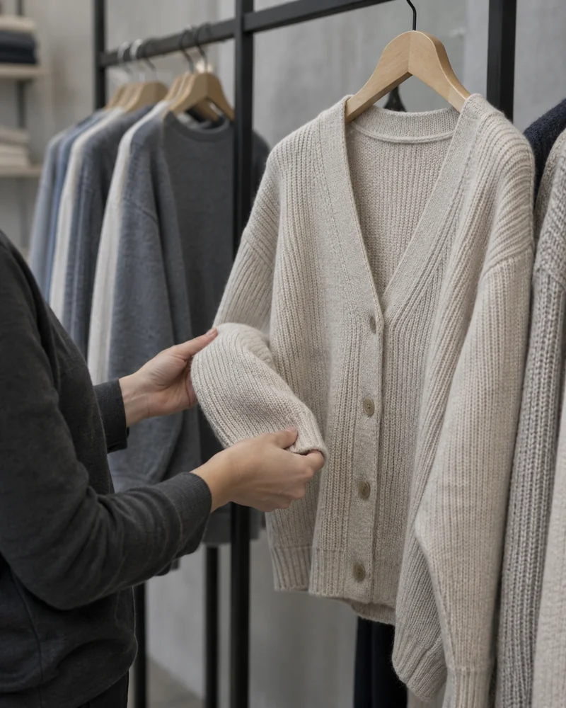 Una persona revisa una chaqueta de punto clara entre prendas de tonos neutros.