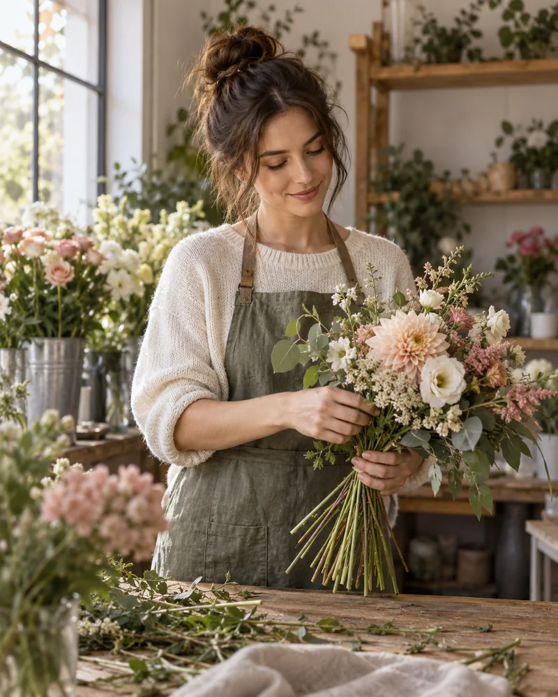 Una florista prepara un ramo en el mostrador de su tienda.