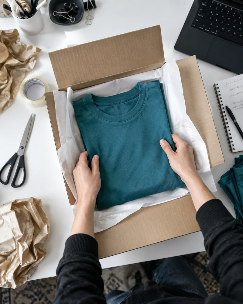 Vista cenital de unas manos preparando una camiseta para su envío.