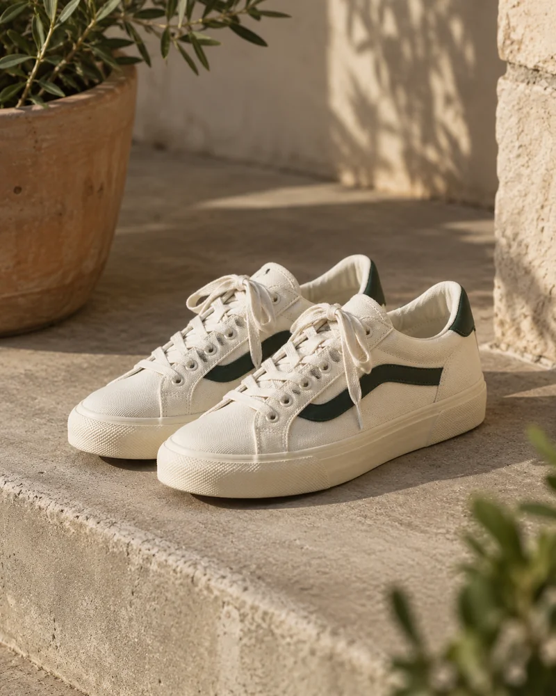 Zapatillas de lona clara con detalles verdes.