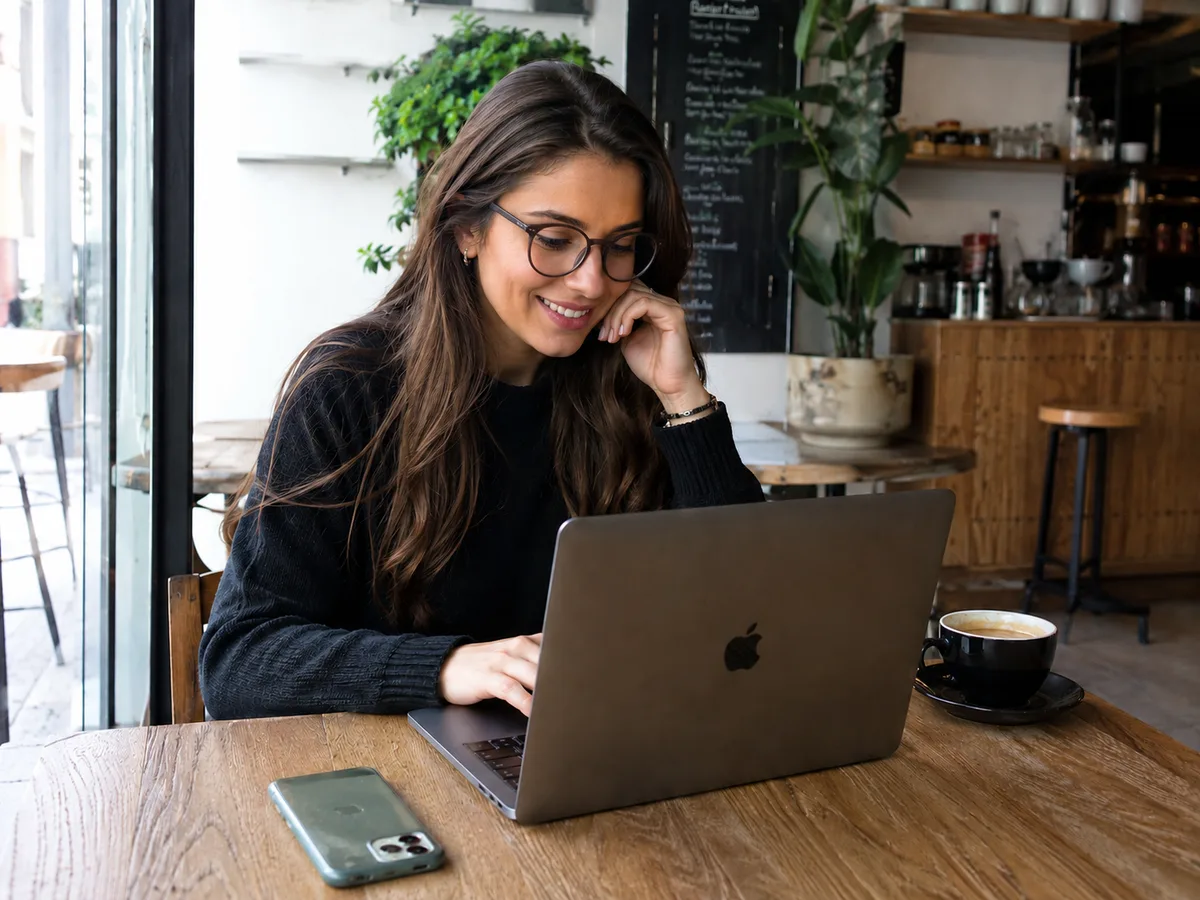 Dueña de una pequeña empresa trabajando relajada en su portátil en una cafetería luminosa