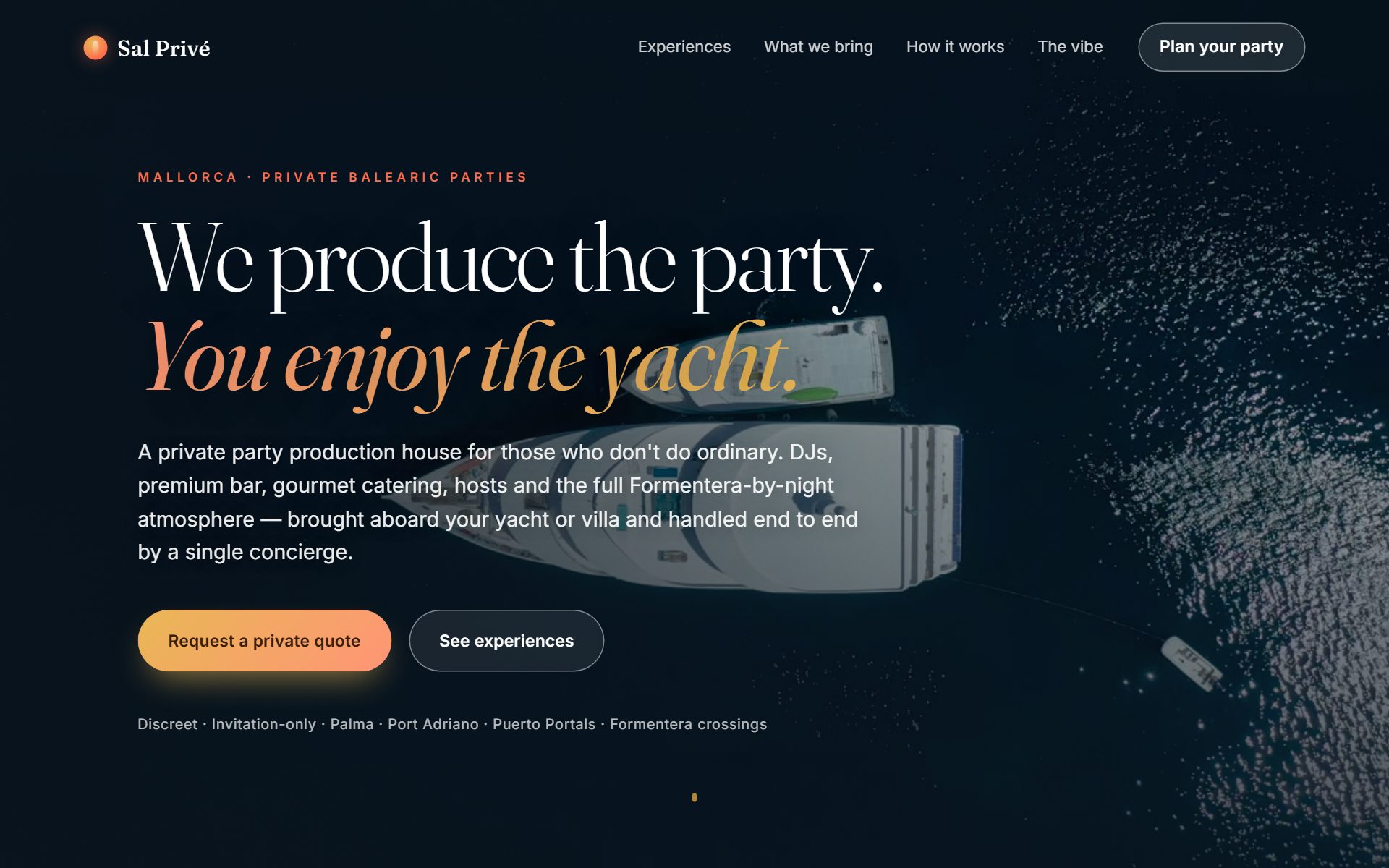 Captura de Sal Privé, web de demostración para un negocio de eventos privados en Mallorca